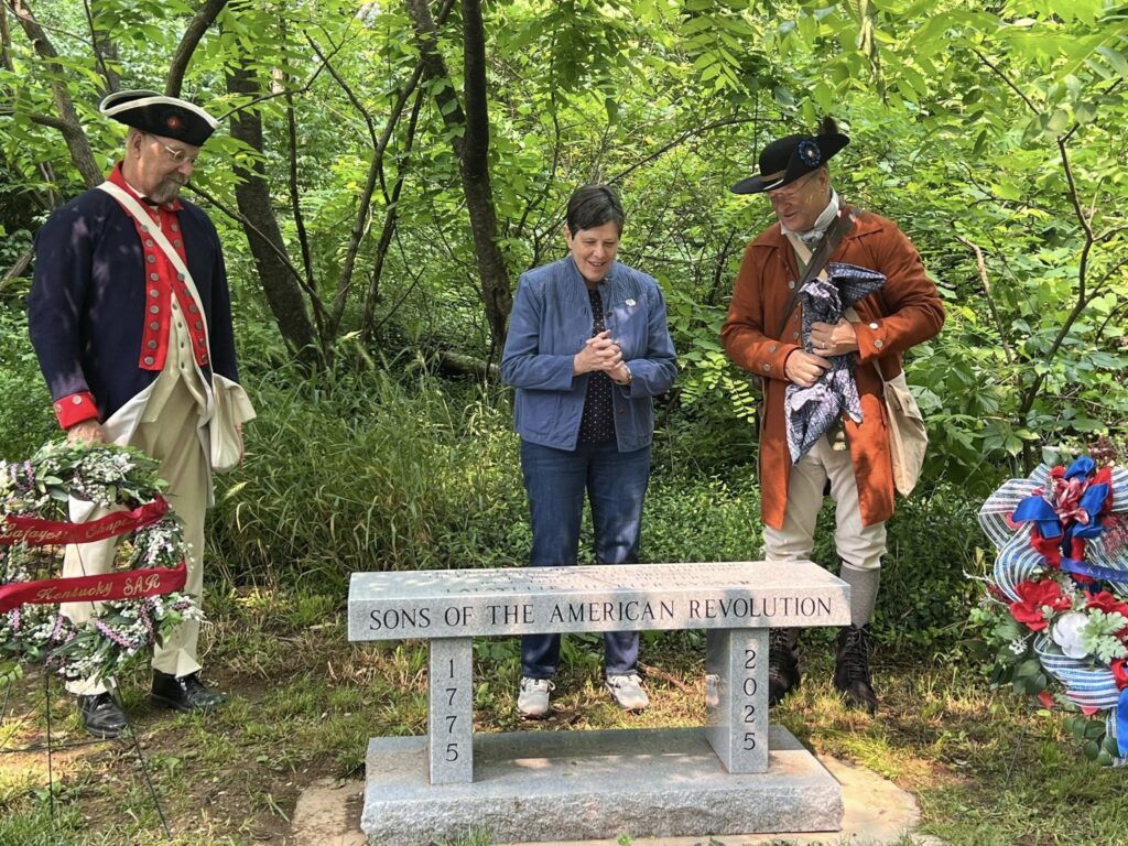Patrick McMurchie, Mayor Linda Gorton, and Steve Gahafer with Lafayette Chapter 250th bench at McConnell Springs
